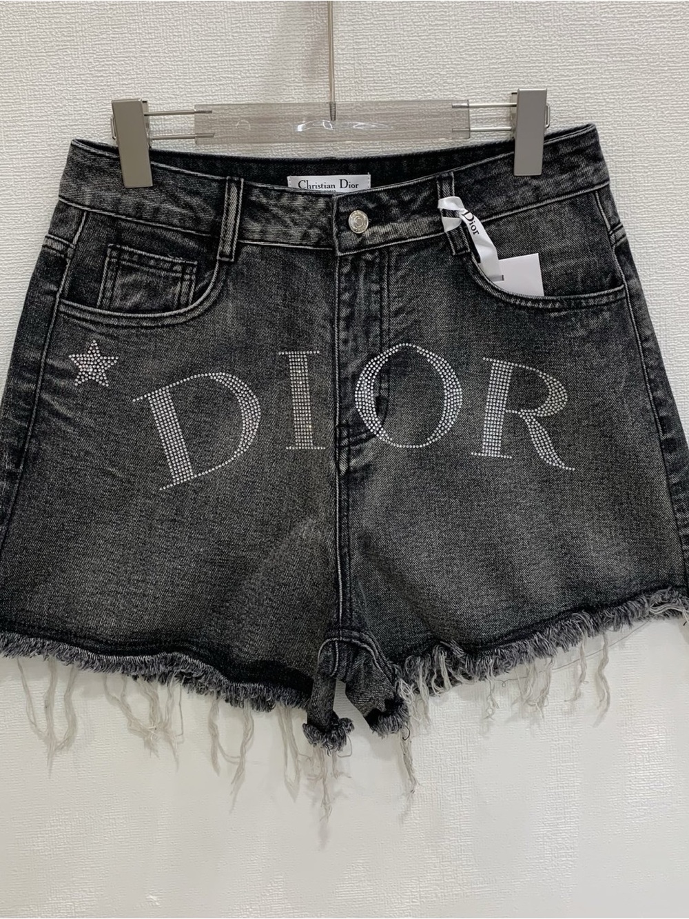 Dior Black Crystal Logo Distressed Denim Shorts
